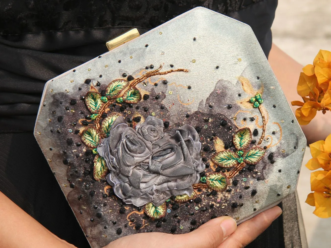 Grey Rose Clutch