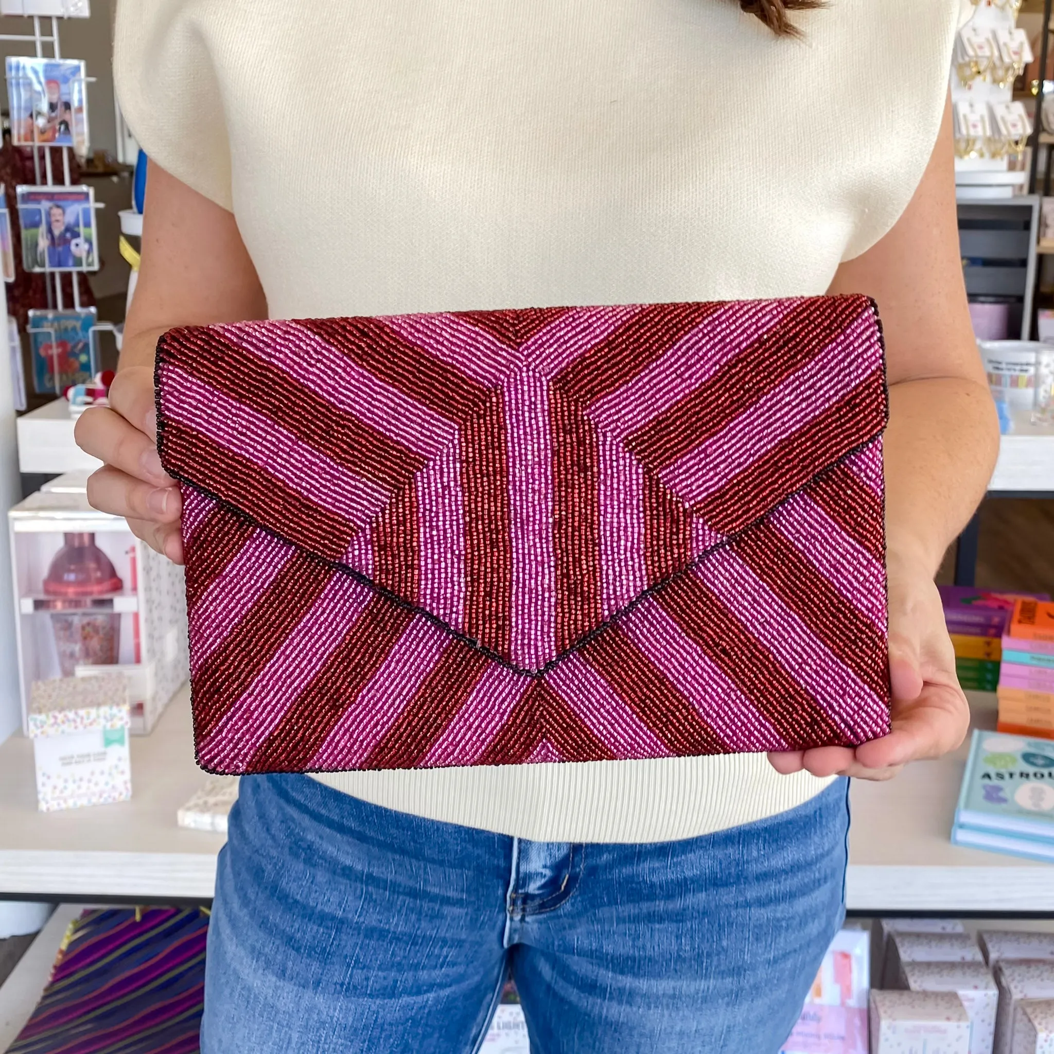 Red and Pink Striped Beaded Crossbody