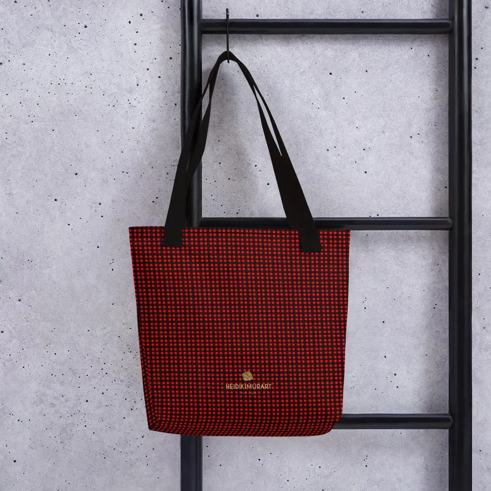 Red Buffalo Tote Bag, Plaid Print Designer 15" x 15" Chic Tote Market Reusable Bag- Made in USA/EU