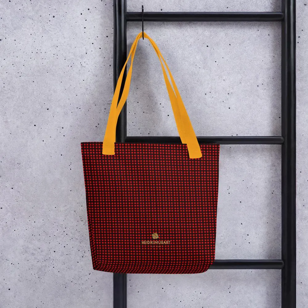 Red Buffalo Tote Bag, Plaid Print Designer 15" x 15" Chic Tote Market Reusable Bag- Made in USA/EU