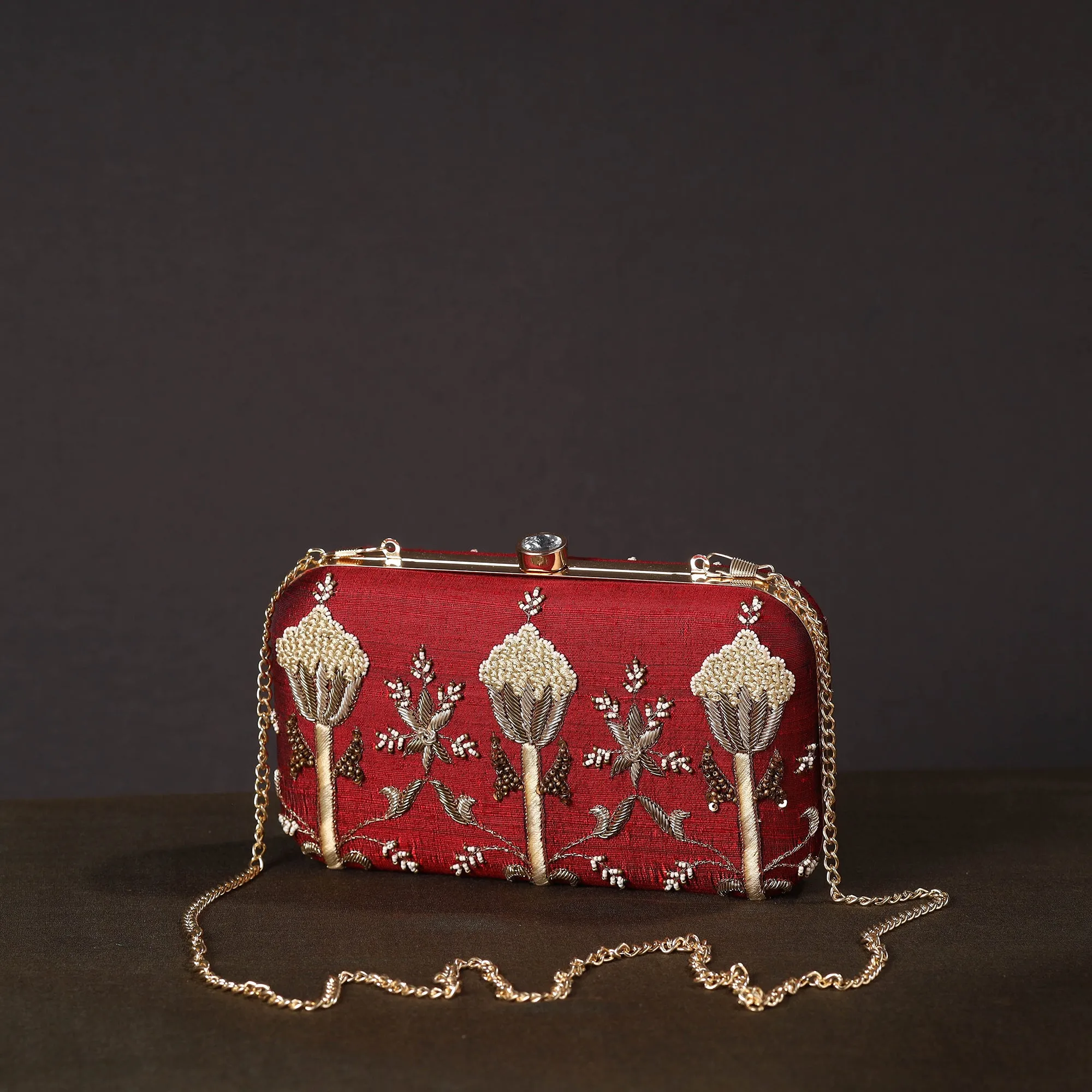 Red - Chikankari Hand Embroidery Tussar Silk Clutch / Sling Bag 11