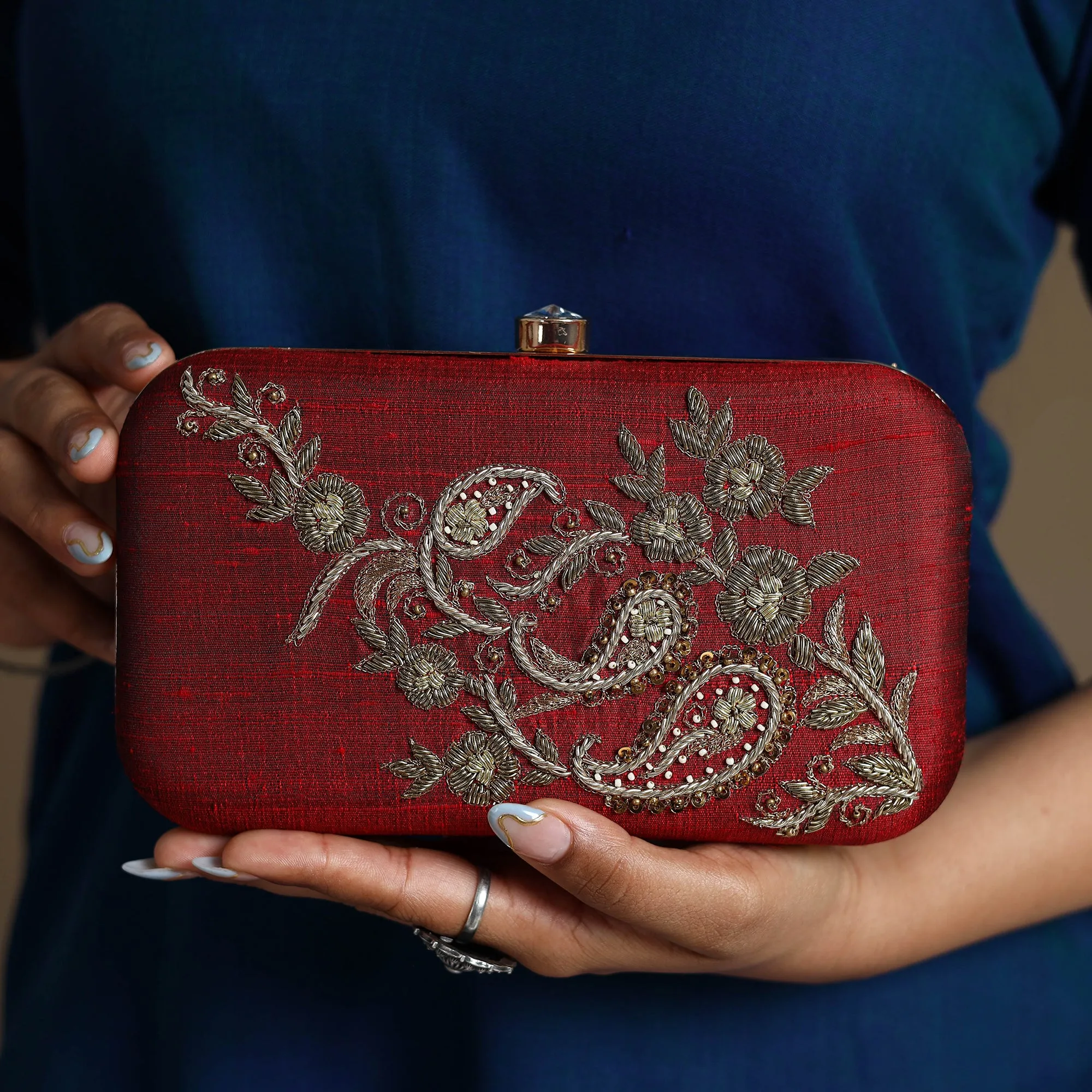 Red - Chikankari Hand Embroidery Tussar Silk Clutch / Sling Bag 13