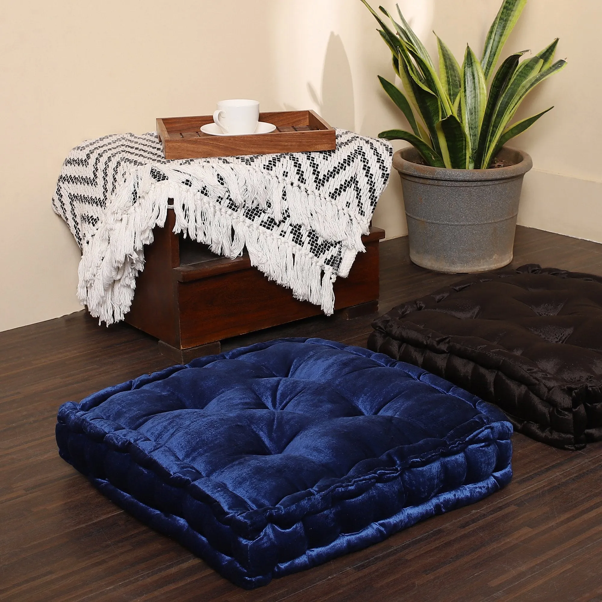  REDEARTH  Velvet Floor Pillows-Premium Rayon Cotton Velvet Washable Extra Soft Plush Square seat Cushion with Handle for Dining, Patio, Office, Outdoor, Hardwood Floor (18x18x4; Nautical) Pack of 2