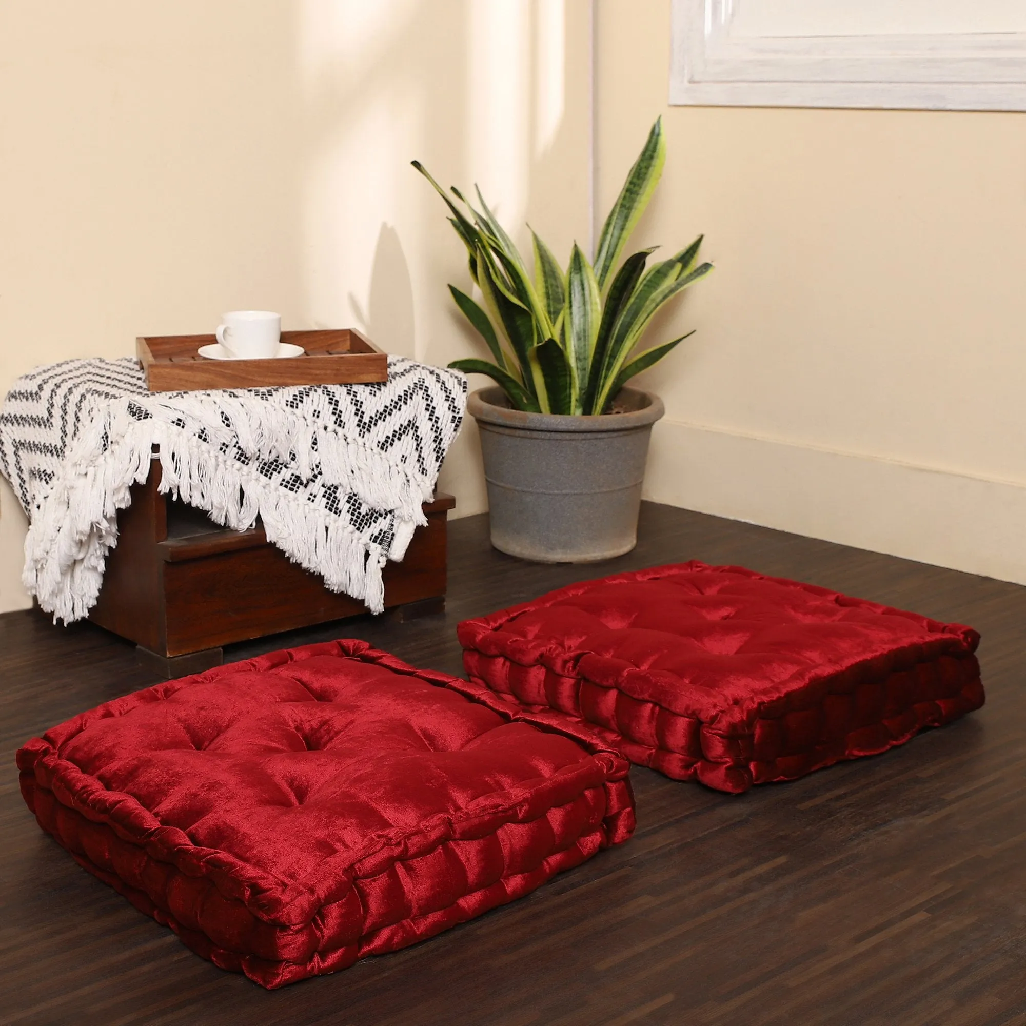 REDEARTH  Velvet Floor Pillows-Premium Rayon Cotton Velvet Washable Extra Soft Plush Square seat Cushion with Handle for Dining, Patio, Office, Outdoor, Hardwood Floor (18x18x4; Wine Red) Pack of 2