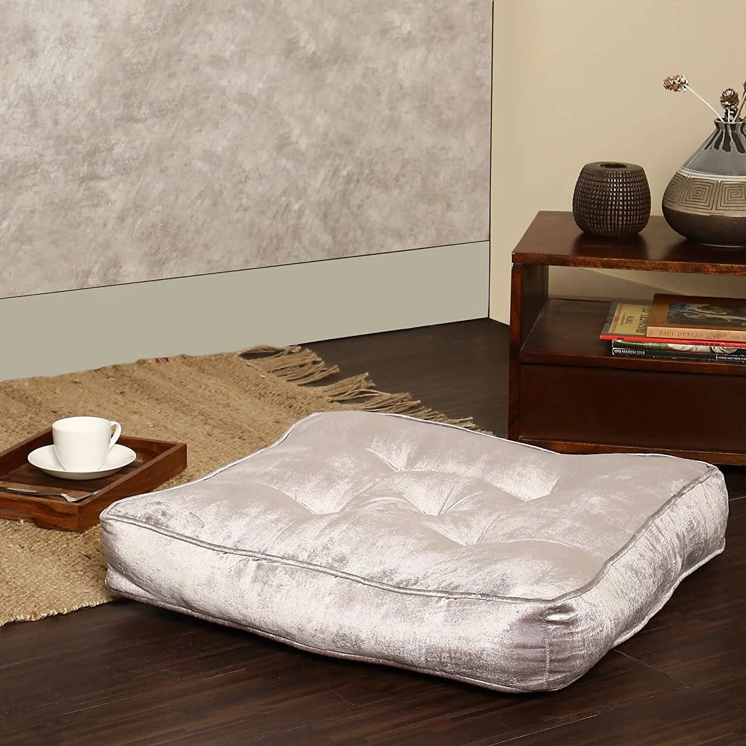  REDEARTH  Velvet Floor Pillows-Premium Rayon Cotton Velvet washable extra soft plush square seat cushion with handle for dining, patio, office, outdoor, hardwood floor (22x22x4"; Light Gray) Pack of 2