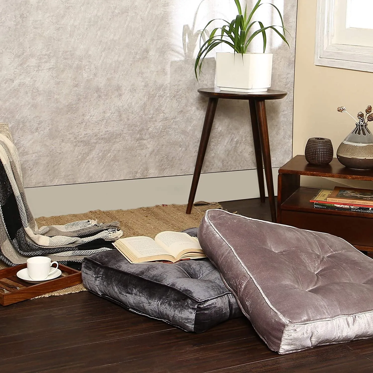  REDEARTH  Velvet Floor Pillows-Premium Rayon Cotton Velvet washable extra soft plush square seat cushion with handle for dining, patio, office, outdoor, hardwood floor (22x22x4"; Light Gray) Pack of 2