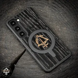 Samsung Galaxy S23 black case with wood finishing and Behemoth 'CONTRA' logo
