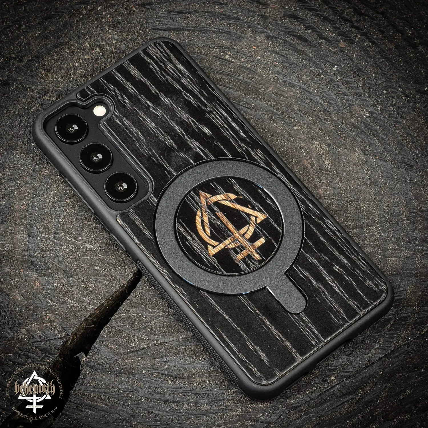 Samsung Galaxy S23 black case with wood finishing and Behemoth 'CONTRA' logo