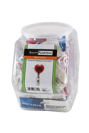 SICURIX ID Badge Reels Heart Shaped Round Belt Clip Strap Hexagonal Tub Display of 30 RED (68819)