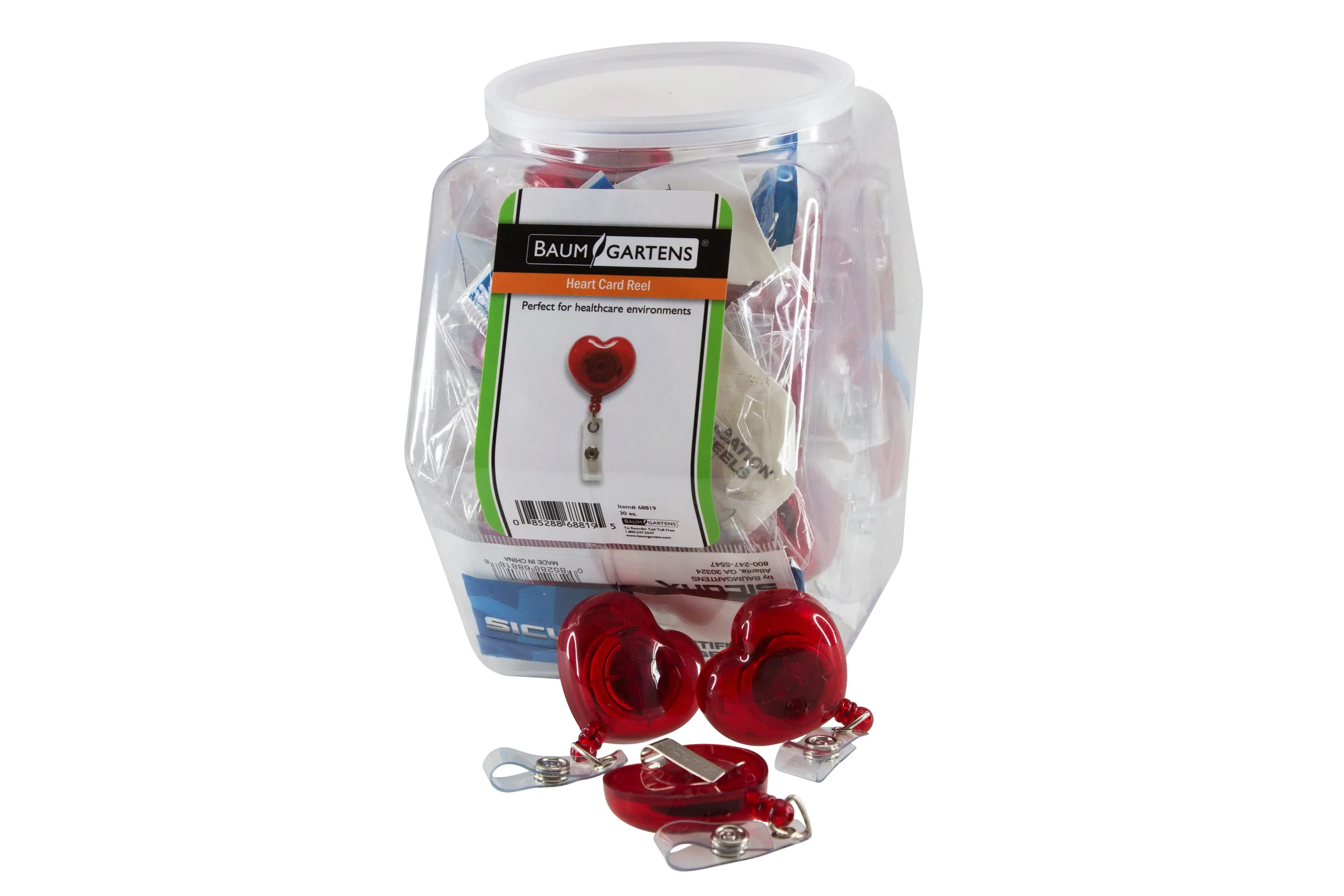 SICURIX ID Badge Reels Heart Shaped Round Belt Clip Strap Hexagonal Tub Display of 30 RED (68819)