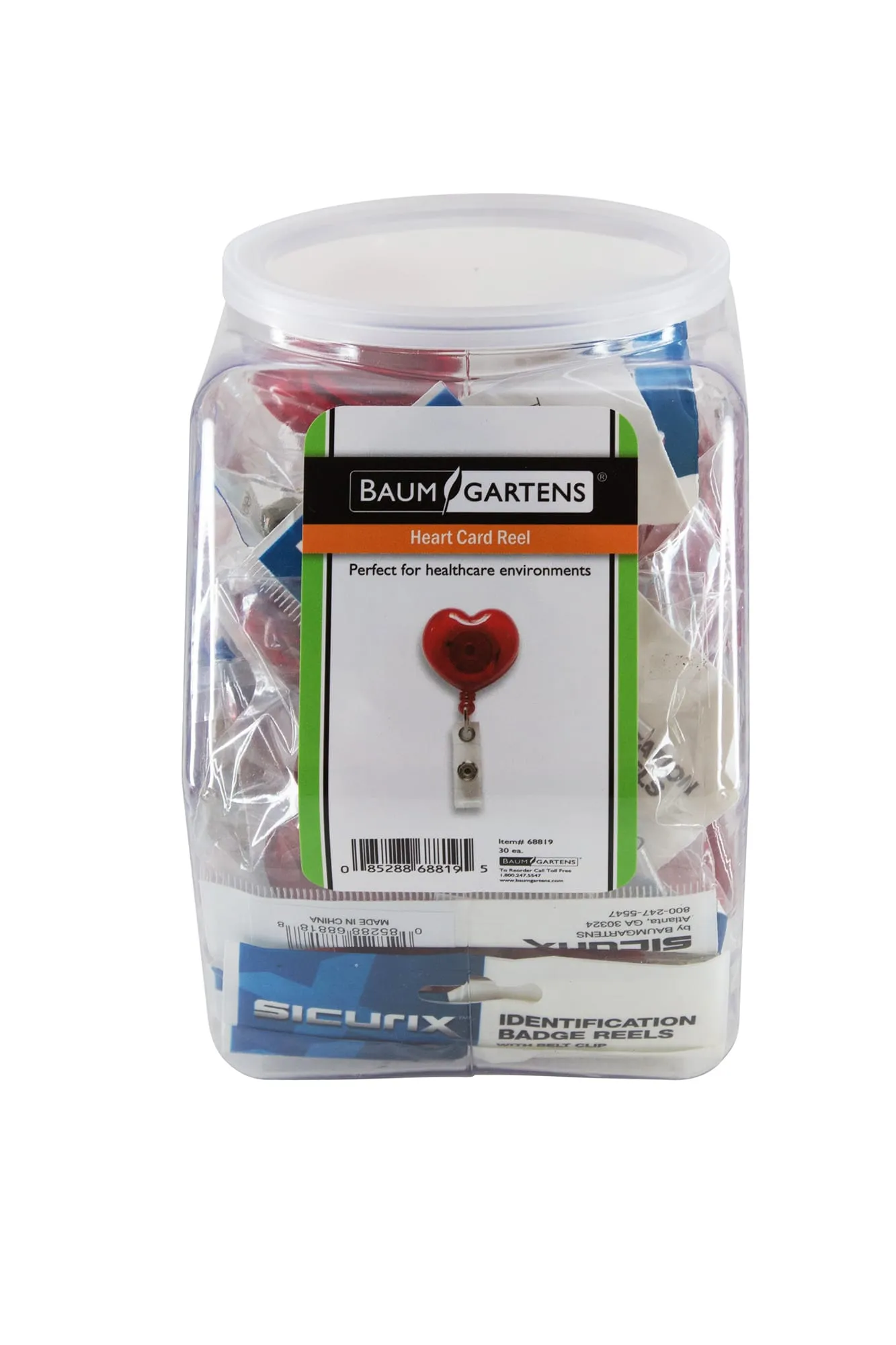 SICURIX ID Badge Reels Heart Shaped Round Belt Clip Strap Hexagonal Tub Display of 30 RED (68819)