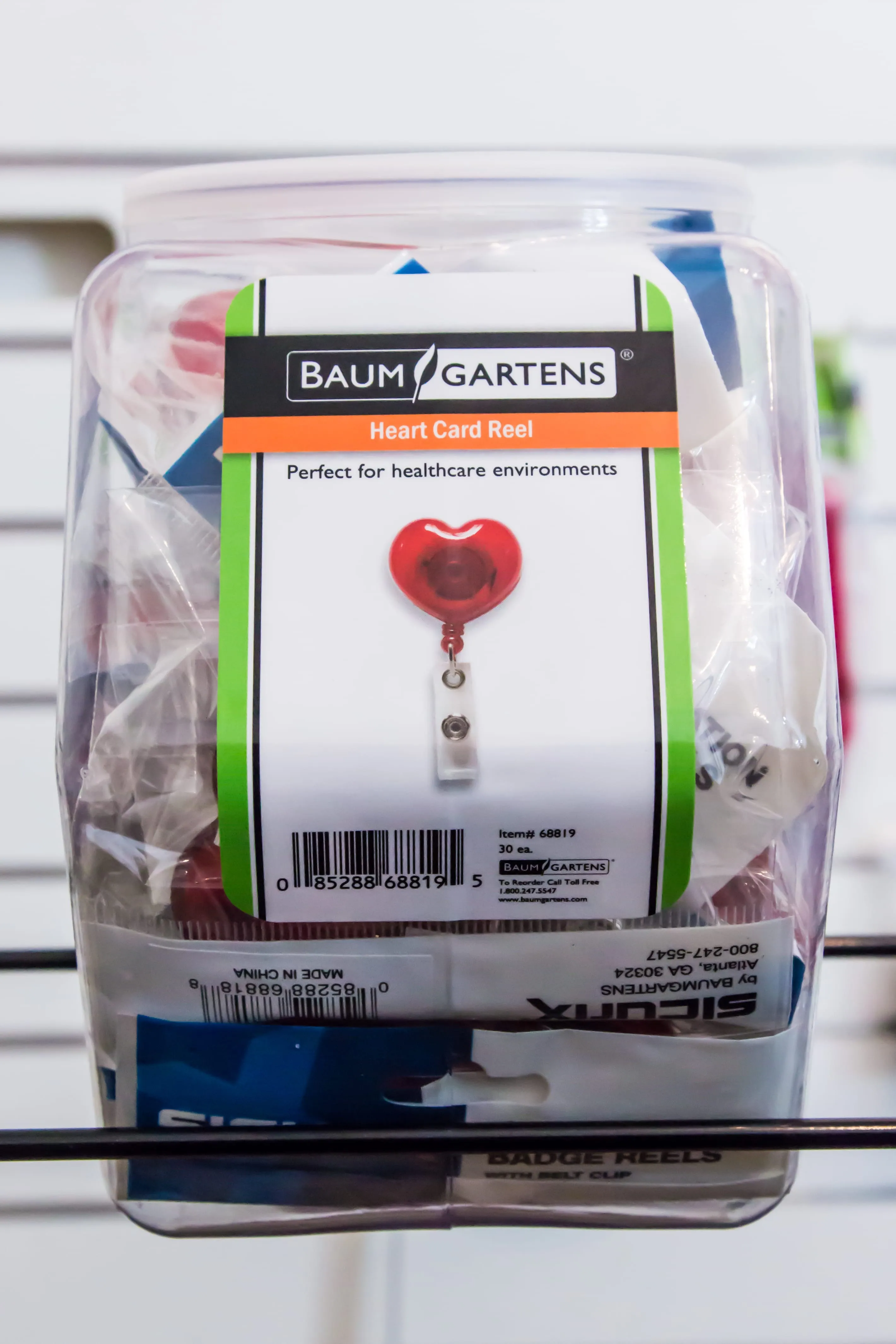 SICURIX ID Badge Reels Heart Shaped Round Belt Clip Strap Hexagonal Tub Display of 30 RED (68819)