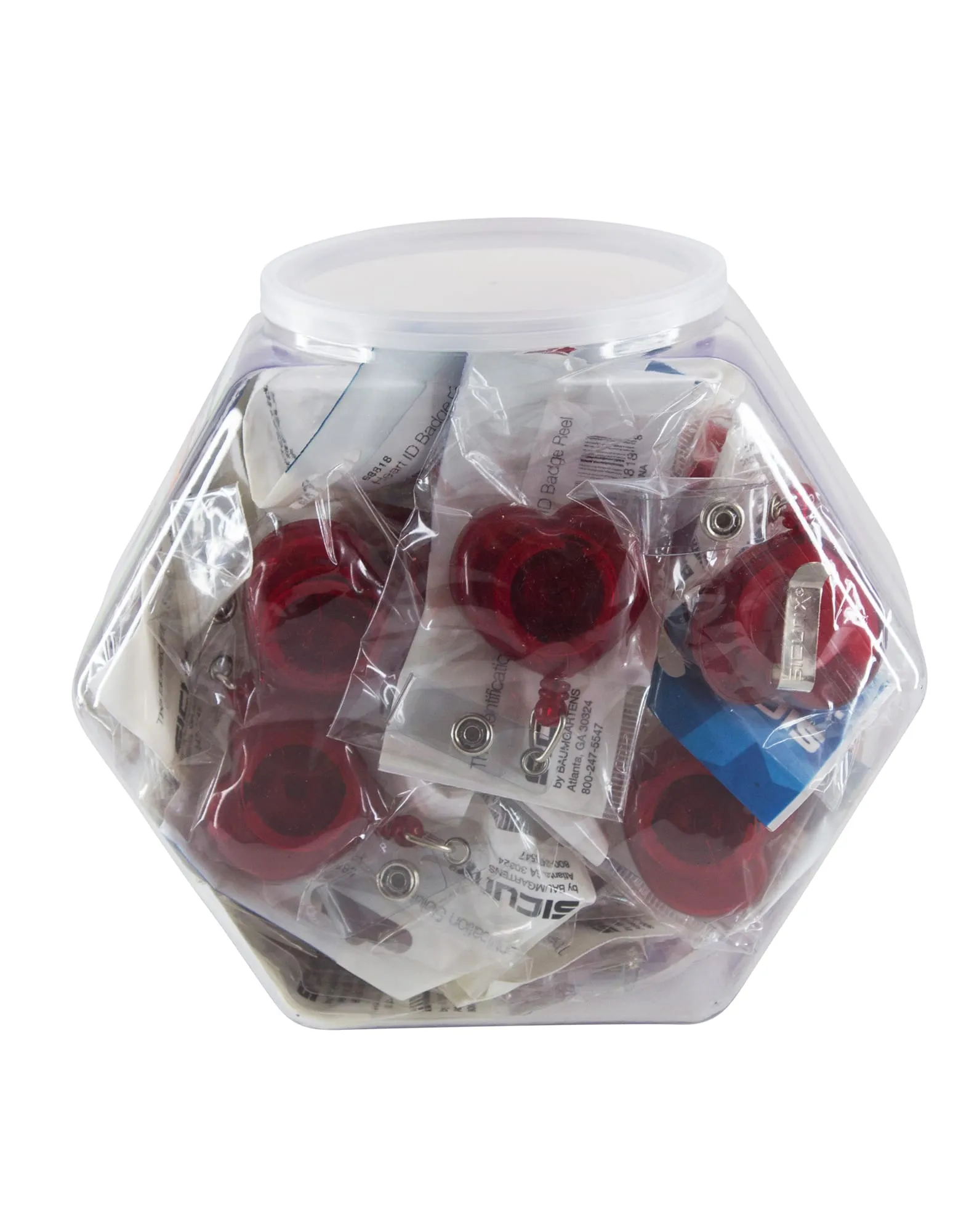 SICURIX ID Badge Reels Heart Shaped Round Belt Clip Strap Hexagonal Tub Display of 30 RED (68819)
