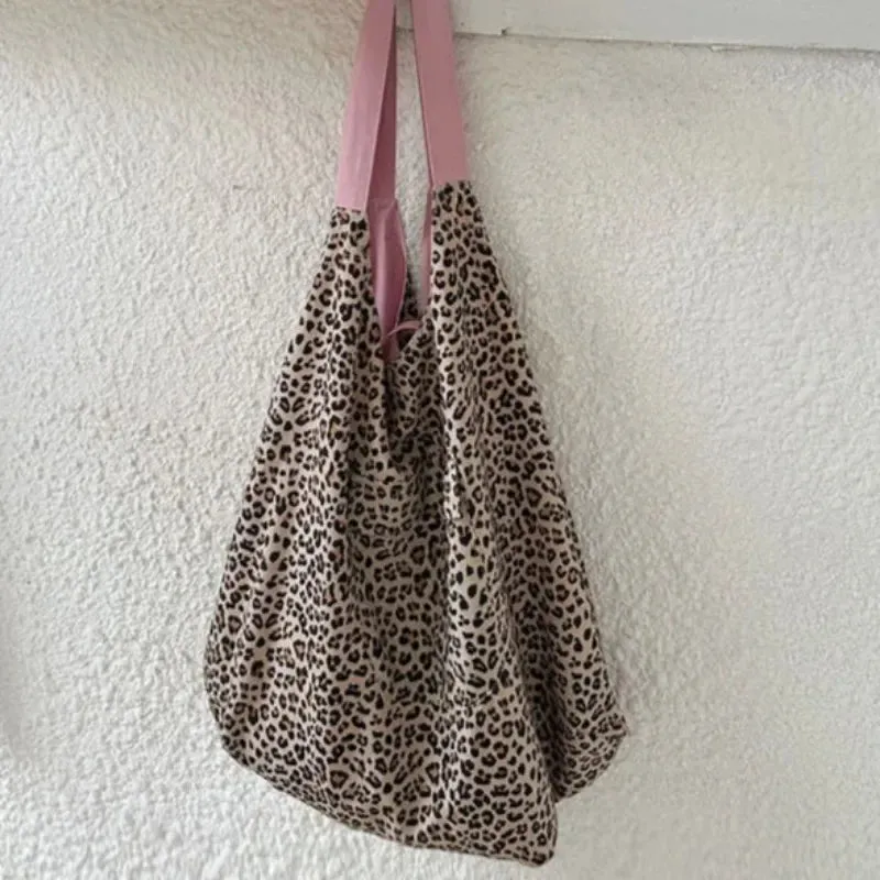 Sohiwoo 2024 New Spring Summer Korean Leopard Pattern Tote Bag Women's Fashion Single Shoulder Bags Double-sided Canvas Bag