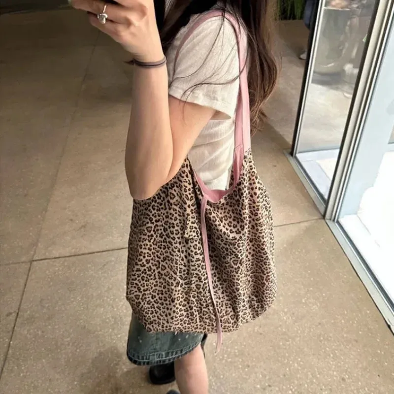 Sohiwoo 2024 New Spring Summer Korean Leopard Pattern Tote Bag Women's Fashion Single Shoulder Bags Double-sided Canvas Bag