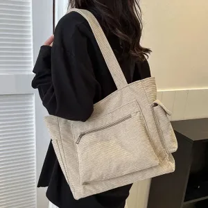 Sohiwoo Corduroy Versatile Tote Handbag Retro Lightweight Underarm Bags Women's Casual Shopping Bags Large Capacity Ladies Shoulder Bags