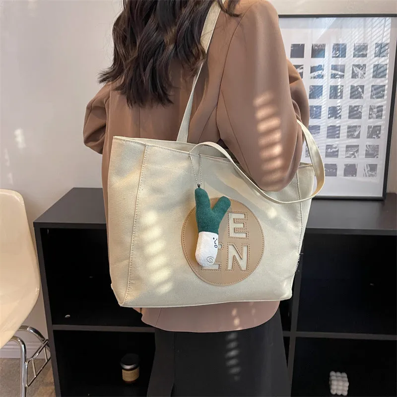 Sohiwoo Letter Print Canvas Tote Bag Trendy Zipper Shoulder Bag Large Capacity Handbag For Work