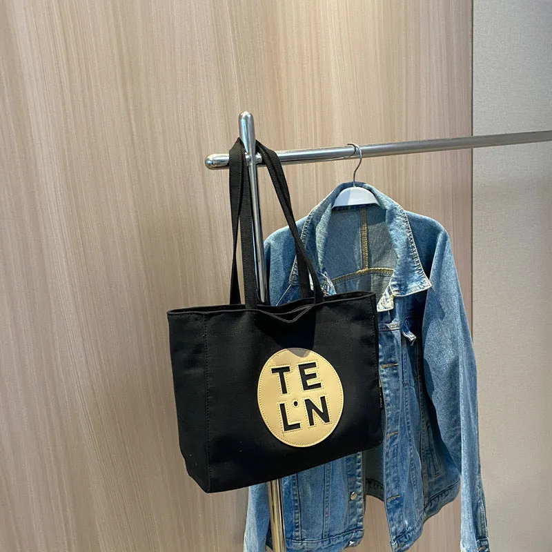Sohiwoo Letter Print Canvas Tote Bag Trendy Zipper Shoulder Bag Large Capacity Handbag For Work