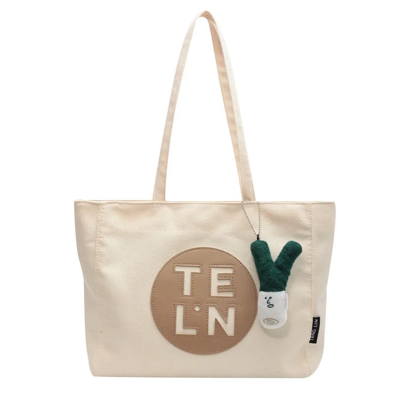 Sohiwoo Letter Print Canvas Tote Bag Trendy Zipper Shoulder Bag Large Capacity Handbag For Work