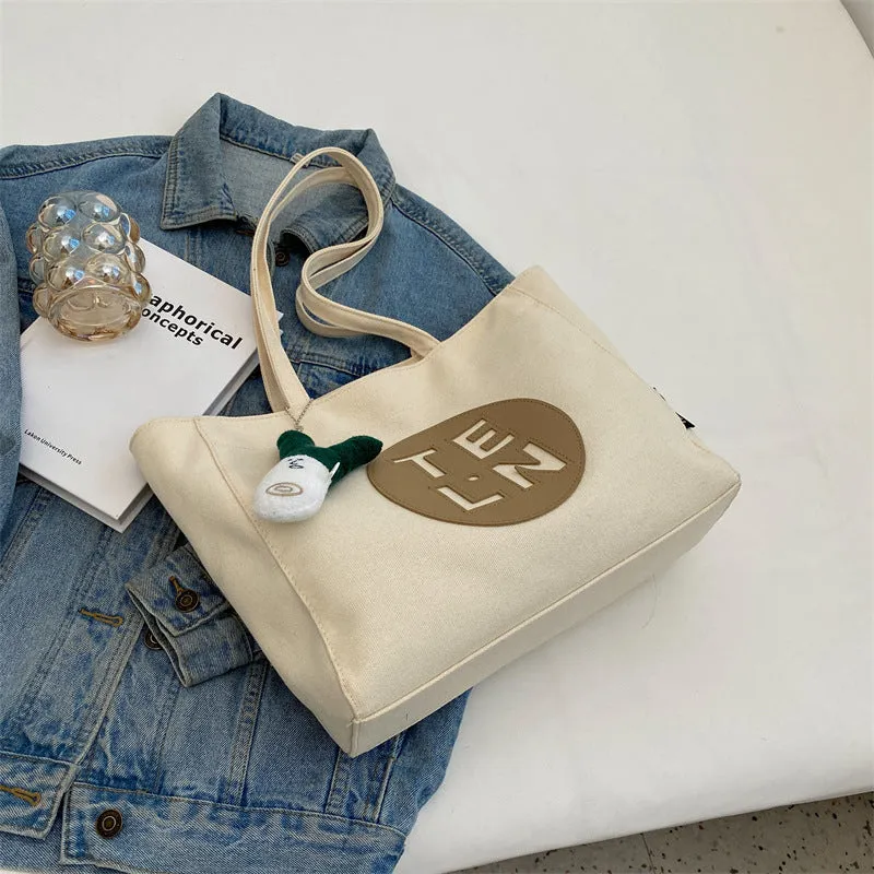 Sohiwoo Letter Print Canvas Tote Bag Trendy Zipper Shoulder Bag Large Capacity Handbag For Work