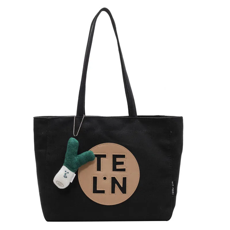 Sohiwoo Letter Print Canvas Tote Bag Trendy Zipper Shoulder Bag Large Capacity Handbag For Work
