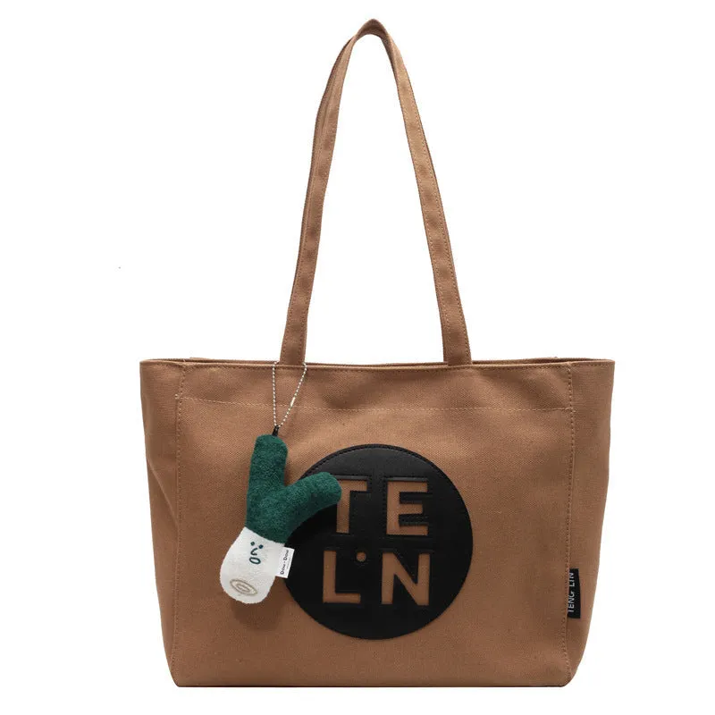 Sohiwoo Letter Print Canvas Tote Bag Trendy Zipper Shoulder Bag Large Capacity Handbag For Work