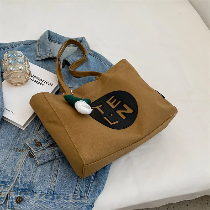 Sohiwoo Letter Print Canvas Tote Bag Trendy Zipper Shoulder Bag Large Capacity Handbag For Work