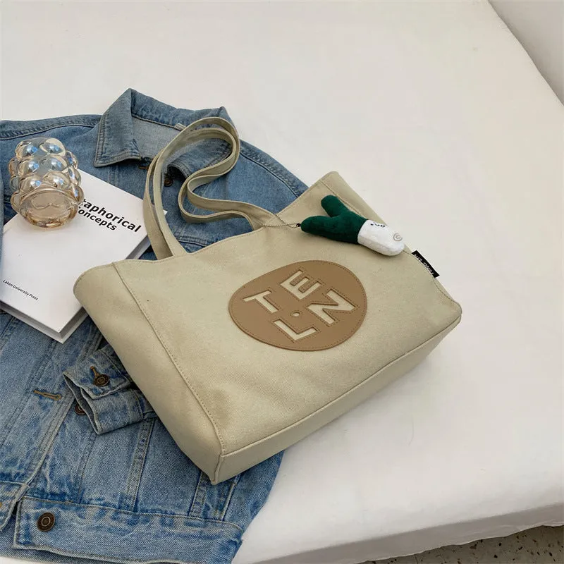 Sohiwoo Letter Print Canvas Tote Bag Trendy Zipper Shoulder Bag Large Capacity Handbag For Work