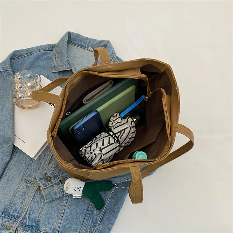 Sohiwoo Letter Print Canvas Tote Bag Trendy Zipper Shoulder Bag Large Capacity Handbag For Work