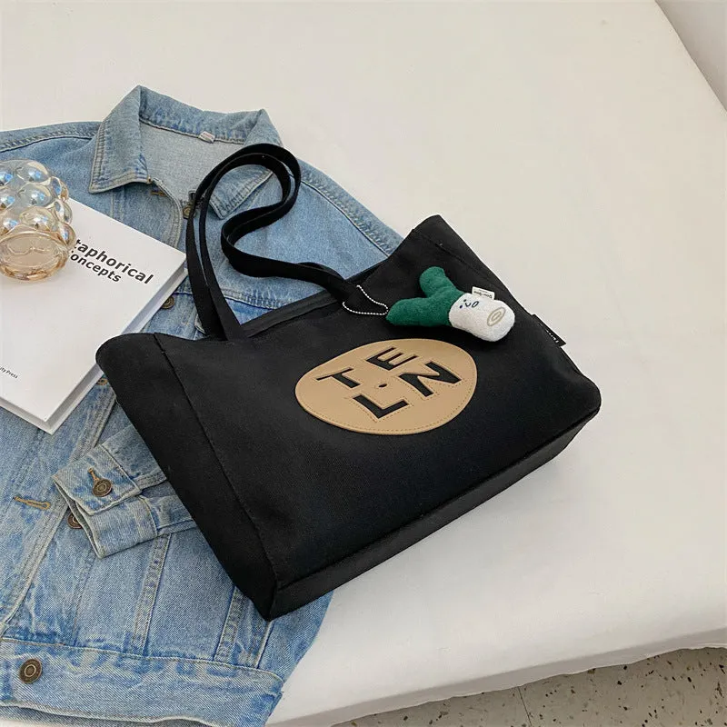 Sohiwoo Letter Print Canvas Tote Bag Trendy Zipper Shoulder Bag Large Capacity Handbag For Work