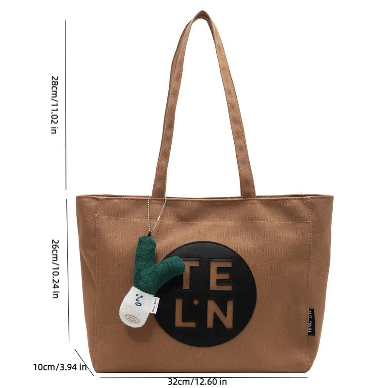 Sohiwoo Letter Print Canvas Tote Bag Trendy Zipper Shoulder Bag Large Capacity Handbag For Work