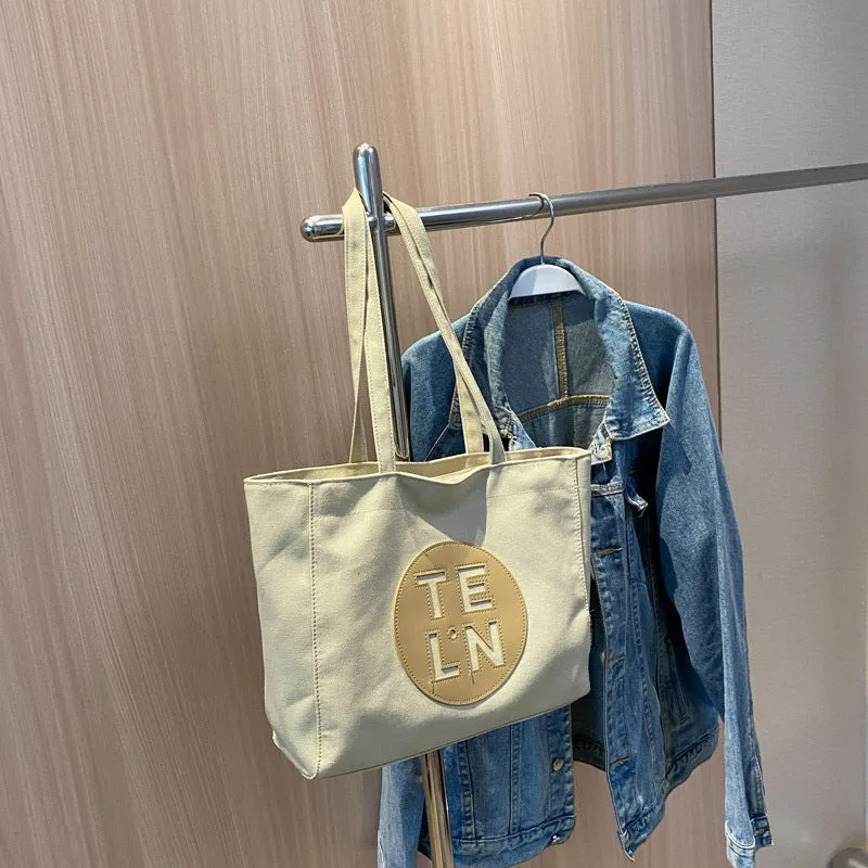 Sohiwoo Letter Print Canvas Tote Bag Trendy Zipper Shoulder Bag Large Capacity Handbag For Work