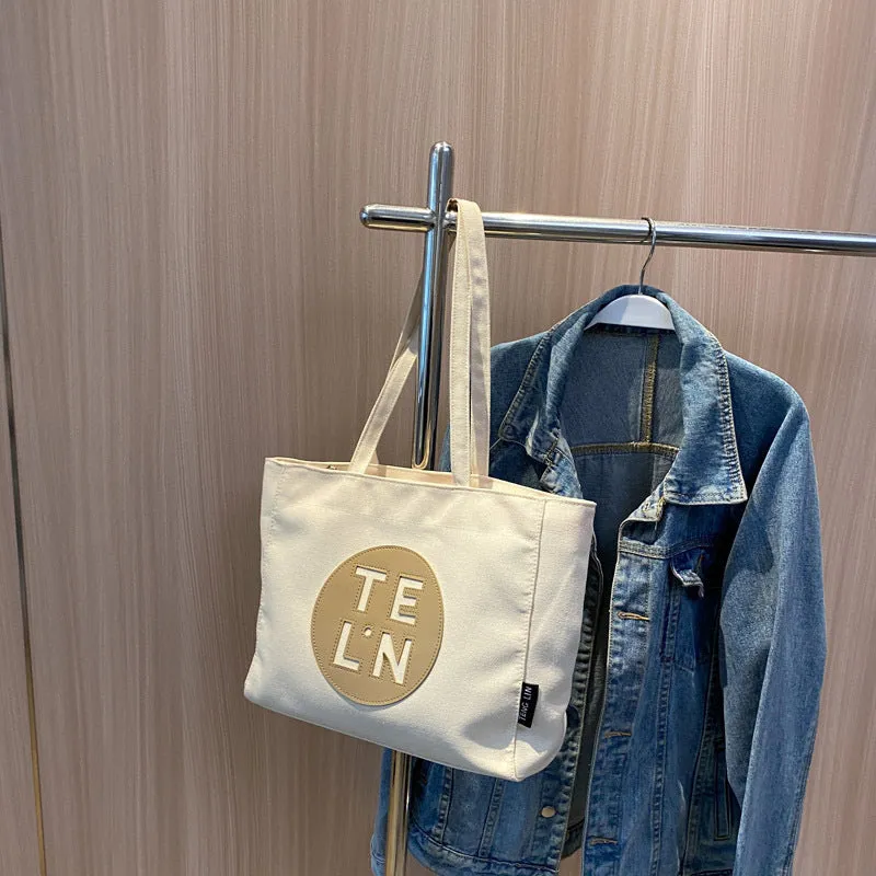 Sohiwoo Letter Print Canvas Tote Bag Trendy Zipper Shoulder Bag Large Capacity Handbag For Work