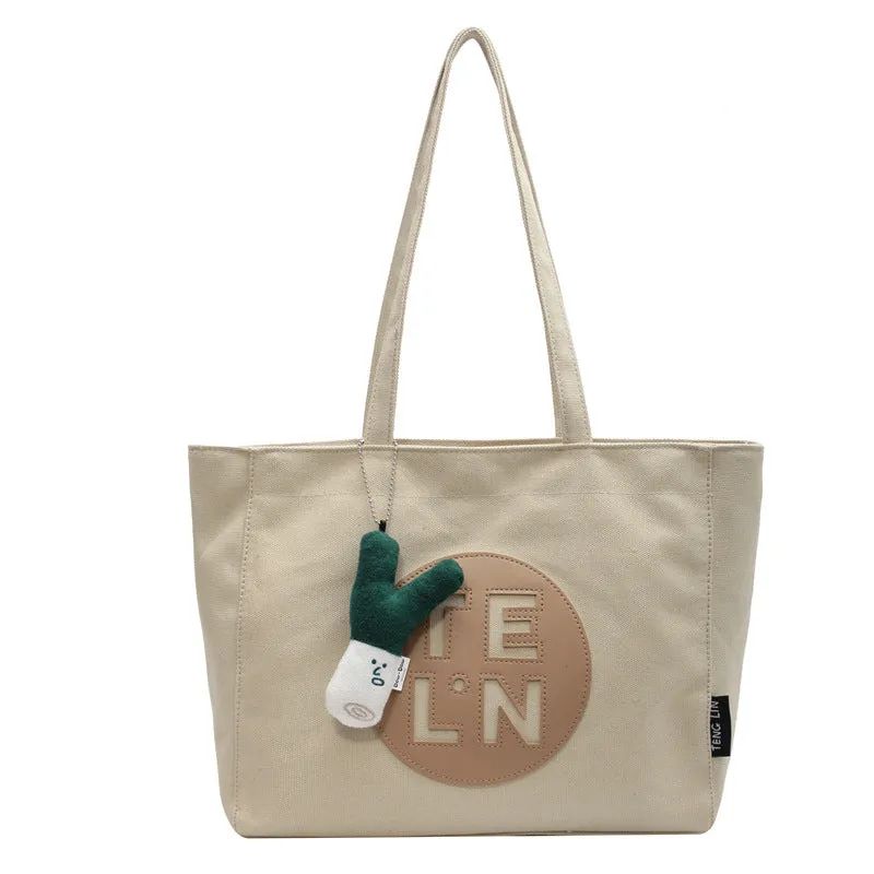 Sohiwoo Letter Print Canvas Tote Bag Trendy Zipper Shoulder Bag Large Capacity Handbag For Work