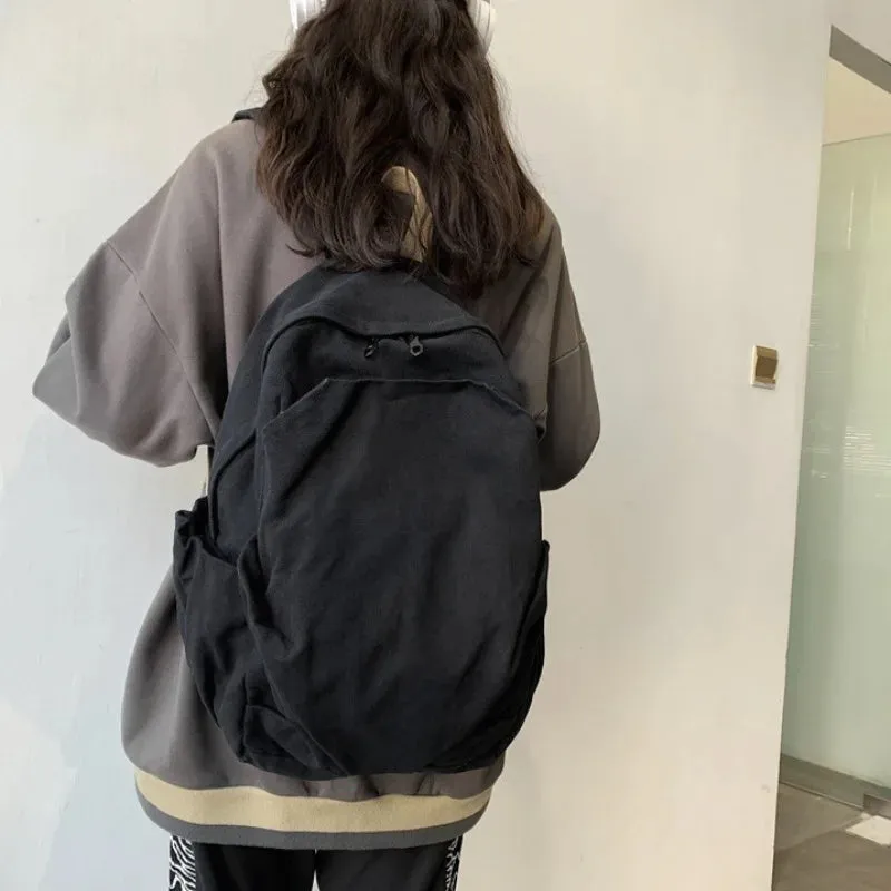 Sohiwoo New Backpack Fashion Solid Color Casual Simple Large Capacity Zipper Schoolbag Japanese Style Students Rucksack Trend Design