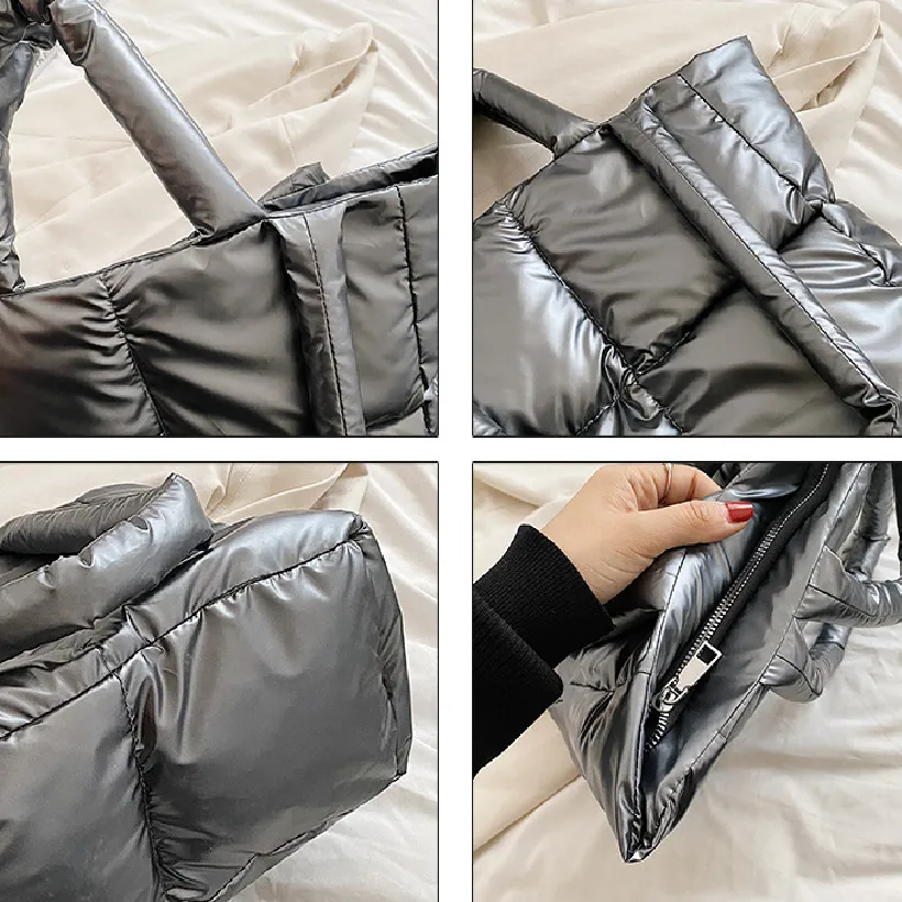 Sohiwoo Trendy Puffer Quilted Tote Bag Large Capacity Crossbody Bag Metallic Color Padded Shoulder Bag