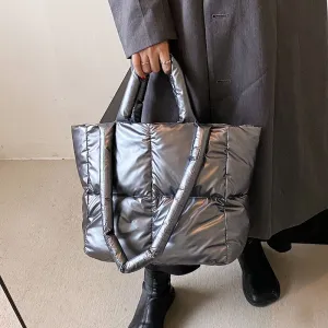 Sohiwoo Trendy Puffer Quilted Tote Bag Large Capacity Crossbody Bag Metallic Color Padded Shoulder Bag