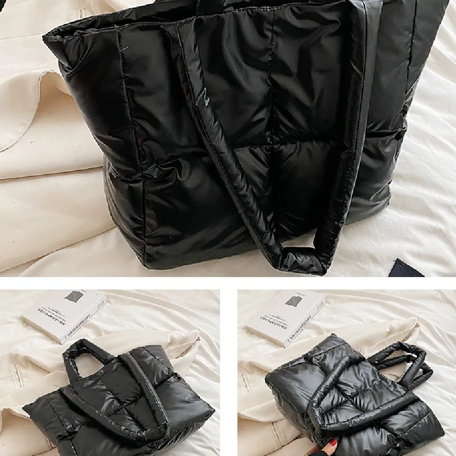 Sohiwoo Trendy Puffer Quilted Tote Bag Large Capacity Crossbody Bag Metallic Color Padded Shoulder Bag