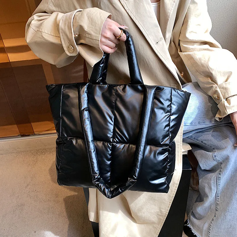 Sohiwoo Trendy Puffer Quilted Tote Bag Large Capacity Crossbody Bag Metallic Color Padded Shoulder Bag