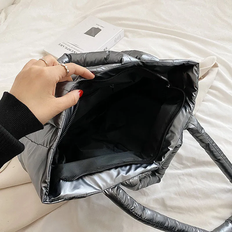 Sohiwoo Trendy Puffer Quilted Tote Bag Large Capacity Crossbody Bag Metallic Color Padded Shoulder Bag