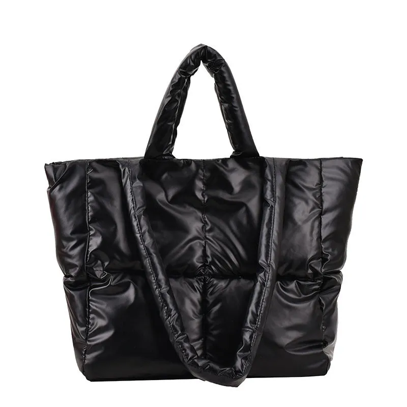 Sohiwoo Trendy Puffer Quilted Tote Bag Large Capacity Crossbody Bag Metallic Color Padded Shoulder Bag