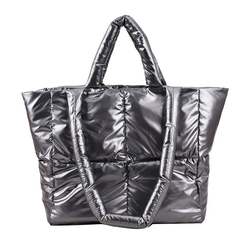Sohiwoo Trendy Puffer Quilted Tote Bag Large Capacity Crossbody Bag Metallic Color Padded Shoulder Bag