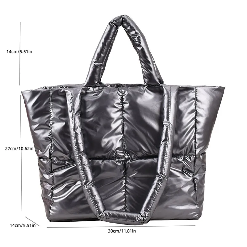 Sohiwoo Trendy Puffer Quilted Tote Bag Large Capacity Crossbody Bag Metallic Color Padded Shoulder Bag