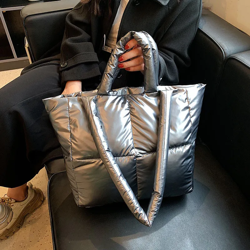 Sohiwoo Trendy Puffer Quilted Tote Bag Large Capacity Crossbody Bag Metallic Color Padded Shoulder Bag
