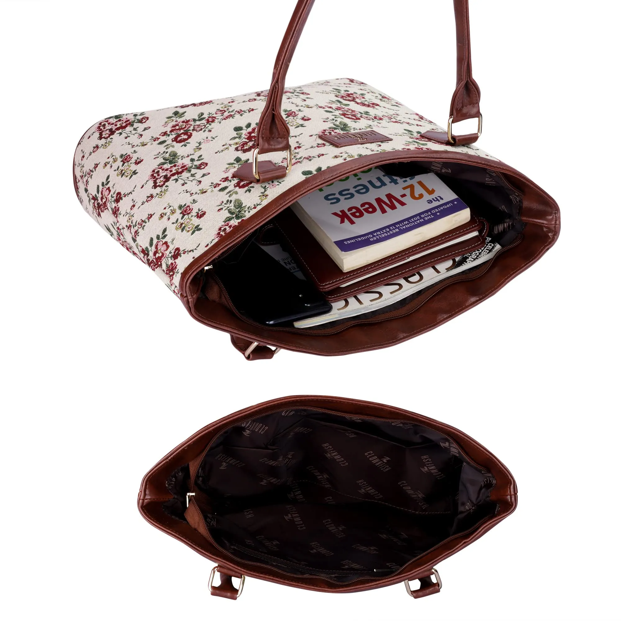 THE CLOWNFISH Justina Tapestry Fabric & Faux Leather Handbag for Women Office Bag Ladies Shoulder Bag Tote For Women College Girls (White-Floral)