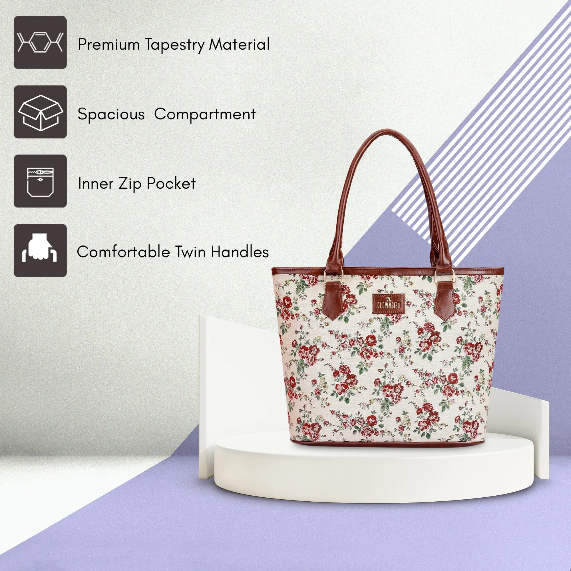 THE CLOWNFISH Justina Tapestry Fabric & Faux Leather Handbag for Women Office Bag Ladies Shoulder Bag Tote For Women College Girls (White-Floral)