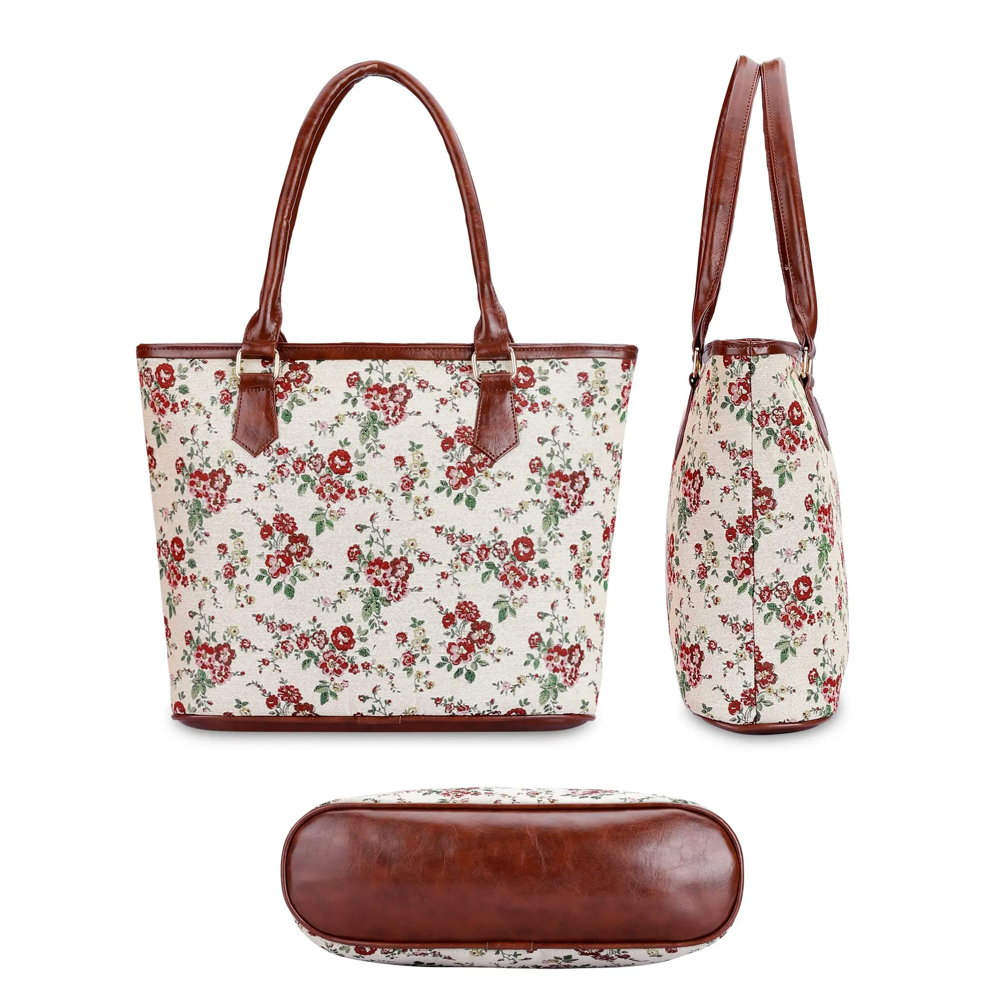 THE CLOWNFISH Justina Tapestry Fabric & Faux Leather Handbag for Women Office Bag Ladies Shoulder Bag Tote For Women College Girls (White-Floral)