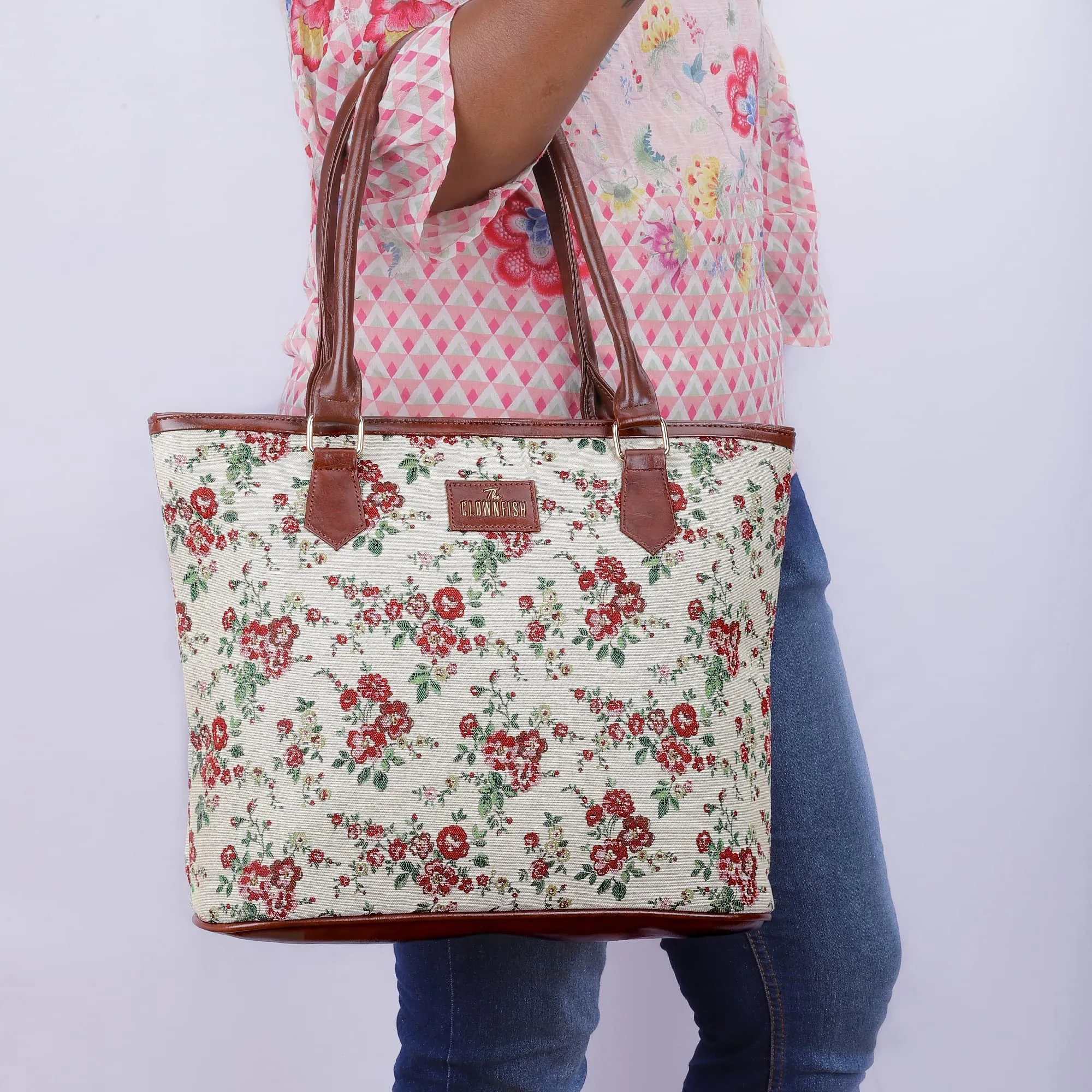 THE CLOWNFISH Justina Tapestry Fabric & Faux Leather Handbag for Women Office Bag Ladies Shoulder Bag Tote For Women College Girls (White-Floral)