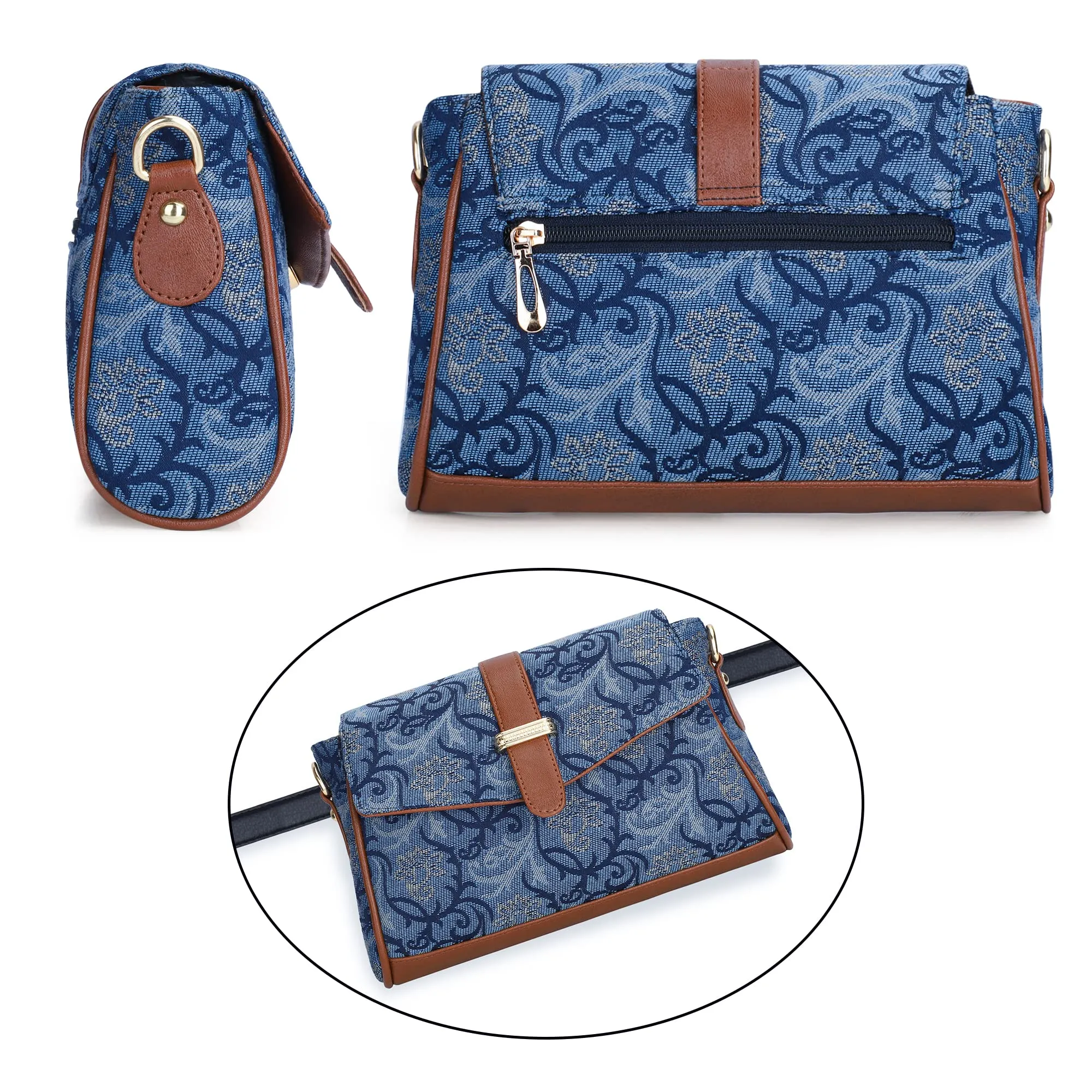 THE CLOWNFISH Odelina Series Printed Handicraft Fabric Sling Bag Handbag for Women Crossbody Bag Office Bag Ladies Single Shoulder Bag with Snap Flap Closure & Shoulder Belt For Women (Off White)