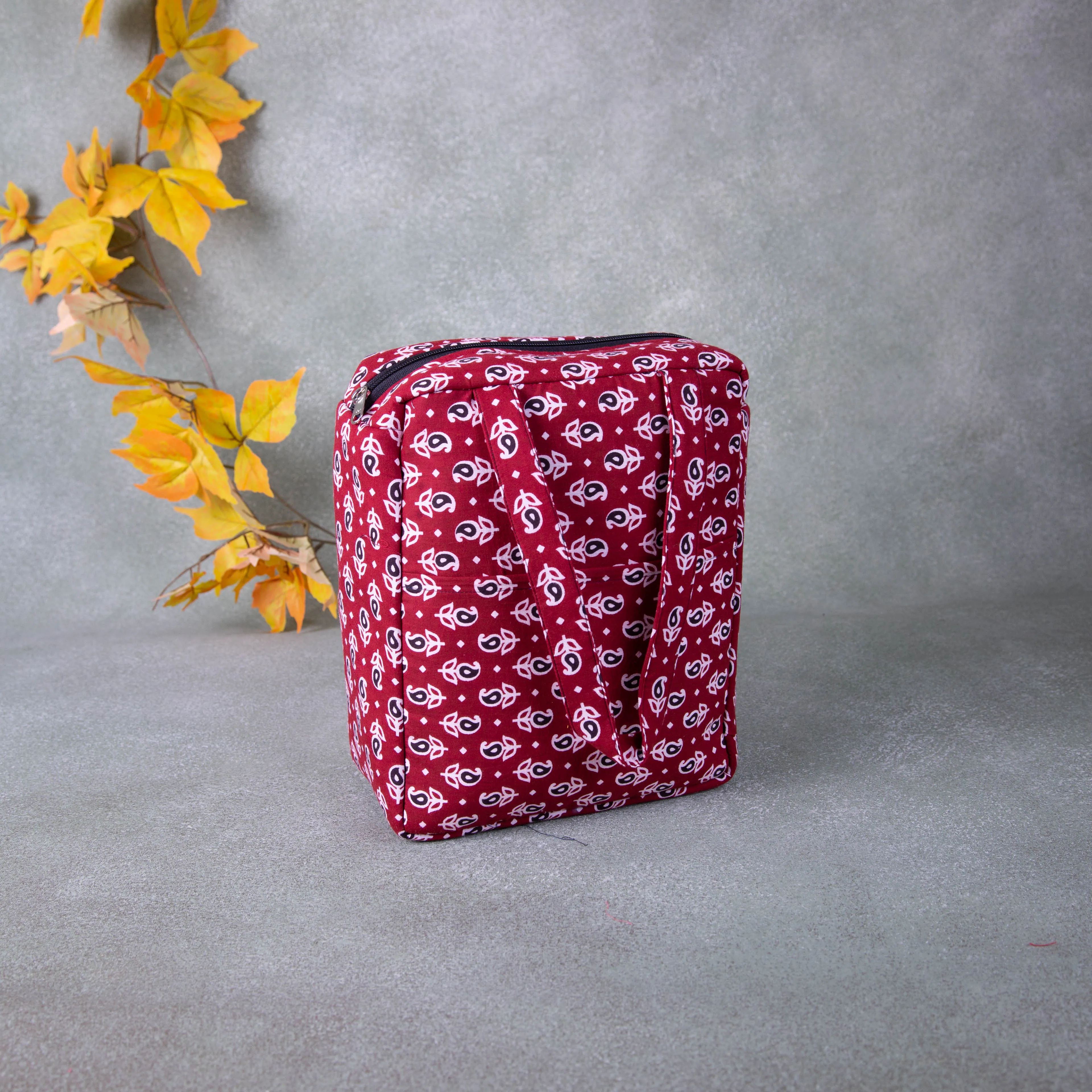 Water Proof Cotton Lunch Bag Maroon Colour with Small Mango Prints.